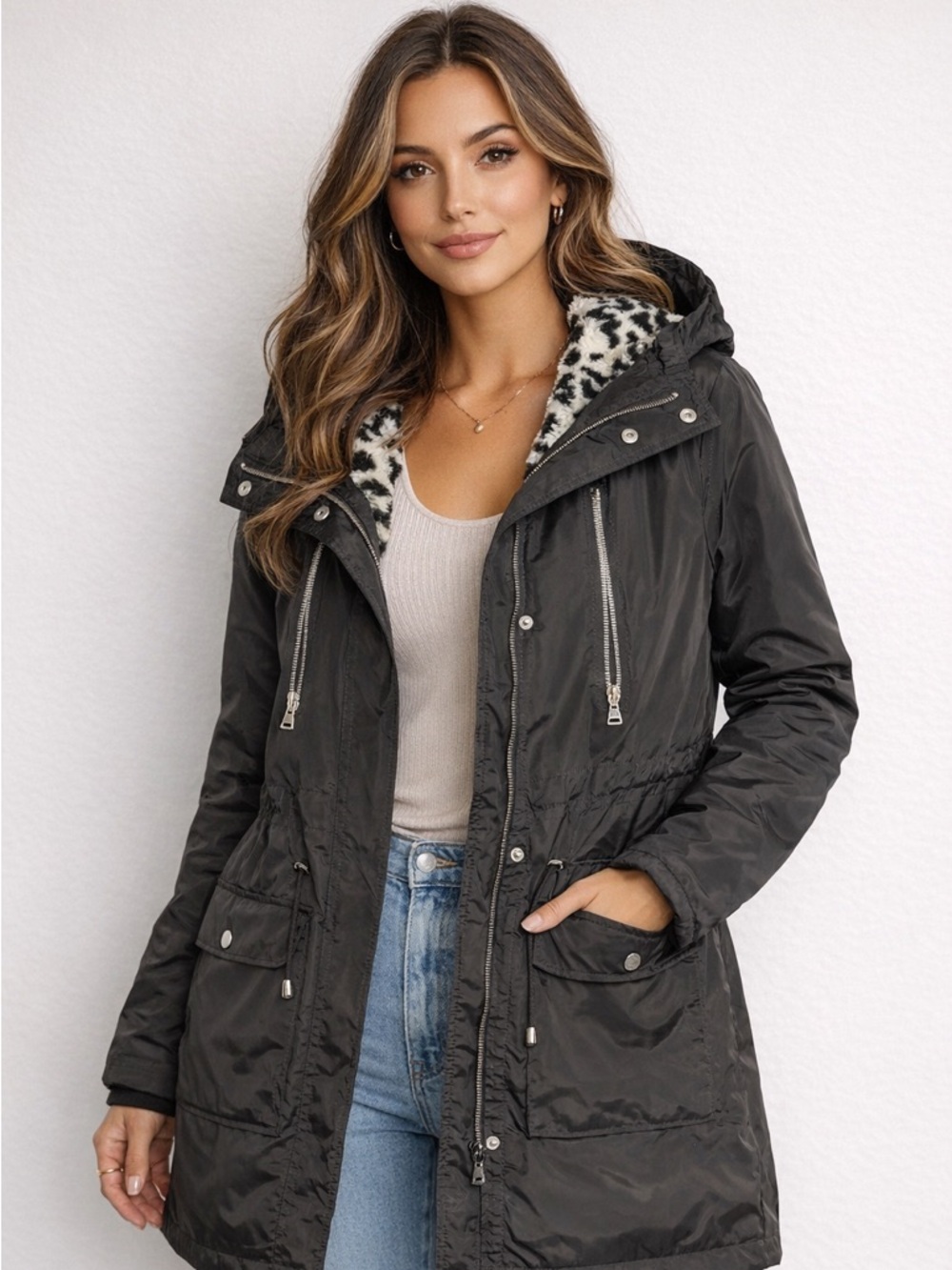 Express Black Hooded Puffer Parka with Removable Faux Animal-Print Lining Large